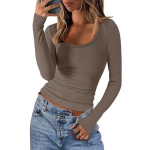 imageANRABESS Women Long Sleeve Crop Tops Scoop Neck Ribbed Knit Tight Slim Fit 2025 Fall Going Out Sexy TShirts Basic Tee ShirtsBrown