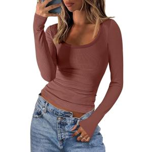 imageANRABESS Women Long Sleeve Crop Tops Scoop Neck Ribbed Knit Tight Slim Fit 2025 Fall Going Out Sexy TShirts Basic Tee ShirtsMaroon