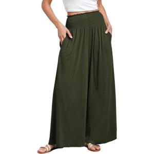 imageANRABESS Women Palazzo Pants Summer Boho Bagyy Wide Leg High Smocked Waist Casual Loose Lounge Pant with PocketArmy Green