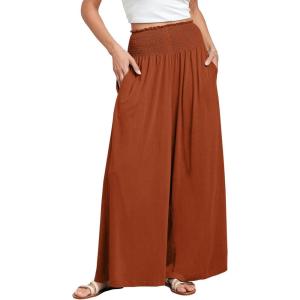 imageANRABESS Women Palazzo Pants Summer Boho Bagyy Wide Leg High Smocked Waist Casual Loose Lounge Pant with PocketBrick Red