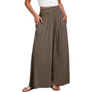 imageANRABESS Women Palazzo Pants Summer Boho Bagyy Wide Leg High Smocked Waist Casual Loose Lounge Pant with PocketCoffee