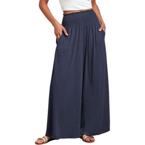 imageANRABESS Women Palazzo Pants Summer Boho Bagyy Wide Leg High Smocked Waist Casual Loose Lounge Pant with PocketDeep Blue