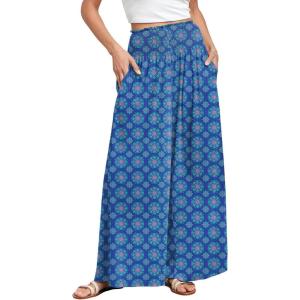 imageANRABESS Women Palazzo Pants Summer Boho Bagyy Wide Leg High Smocked Waist Casual Loose Lounge Pant with PocketFloral Blue