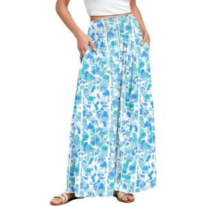 imageANRABESS Women Palazzo Pants Summer Boho Bagyy Wide Leg High Smocked Waist Casual Loose Lounge Pant with PocketFloral Lake Blue