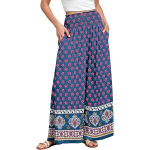 imageANRABESS Women Palazzo Pants Summer Boho Bagyy Wide Leg High Smocked Waist Casual Loose Lounge Pant with PocketFloral Pink Blue