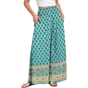 imageANRABESS Women Palazzo Pants Summer Boho Bagyy Wide Leg High Smocked Waist Casual Loose Lounge Pant with PocketFloral Teal Spades