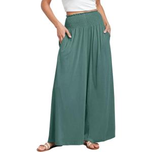 imageANRABESS Women Palazzo Pants Summer Boho Bagyy Wide Leg High Smocked Waist Casual Loose Lounge Pant with PocketGrass