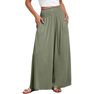 imageANRABESS Women Palazzo Pants Summer Boho Bagyy Wide Leg High Smocked Waist Casual Loose Lounge Pant with PocketOlive