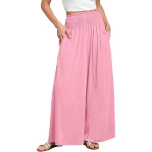 imageANRABESS Women Palazzo Pants Summer Boho Bagyy Wide Leg High Smocked Waist Casual Loose Lounge Pant with PocketPink