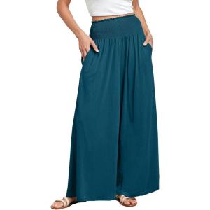 imageANRABESS Women Palazzo Pants Summer Boho Bagyy Wide Leg High Smocked Waist Casual Loose Lounge Pant with PocketTeal Blue