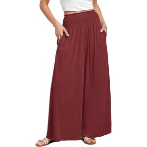 imageANRABESS Women Palazzo Pants Summer Boho Bagyy Wide Leg High Smocked Waist Casual Loose Lounge Pant with PocketWine Red
