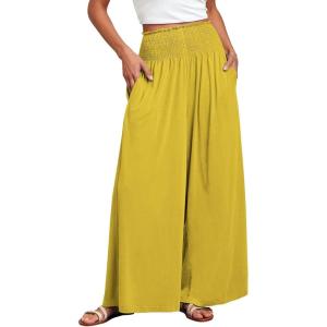 imageANRABESS Women Palazzo Pants Summer Boho Bagyy Wide Leg High Smocked Waist Casual Loose Lounge Pant with PocketYellow