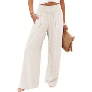 imageANRABESS Women Palazzo Pants Summer Flowy Wide Leg High Waist Lounge Trousers with Pockets 2025 Casual Beach Vacation OutfitsBeige