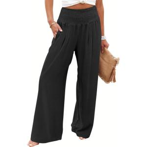 imageANRABESS Women Palazzo Pants Summer Flowy Wide Leg High Waist Lounge Trousers with Pockets 2025 Casual Beach Vacation OutfitsBlack