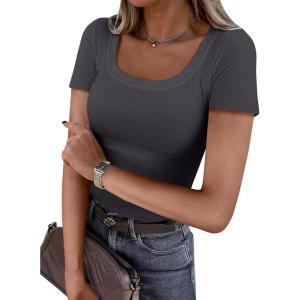 imageANRABESS Women Short Sleeve Tops Scoop Neck Ribbed Knit Slim Fitted Basic Tee Shirts Casual Summer Clothes 2025 Fall OutfitsDark Grey