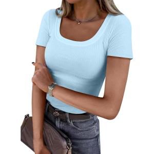 imageANRABESS Women Short Sleeve Tops Scoop Neck Ribbed Knit Slim Fitted Basic Tee Shirts Casual Summer Clothes 2025 Fall OutfitsLight Blue2