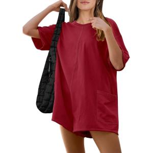 imageANRABESS Women Summer Oversized TShirt Tee Romper Casual Baggy Short Sleeve Overall Athletic Workout Jumpsuit Trendy OutfitsBurgundy