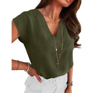 imageANRABESS Women Tops Cap Sleeve Textured Dressy Casual V Neck Shirts 2025 Summer Business Work Blouses OutfitsArmy Green