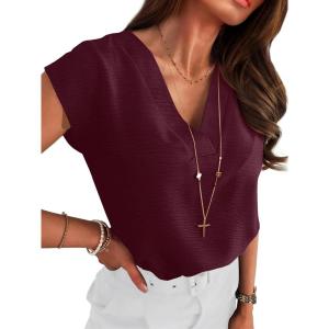 imageANRABESS Women Tops Cap Sleeve Textured Dressy Casual V Neck Shirts 2025 Summer Business Work Blouses OutfitsBurgundy