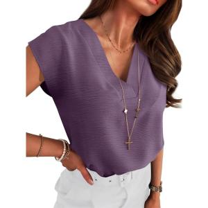 imageANRABESS Women Tops Cap Sleeve Textured Dressy Casual V Neck Shirts 2025 Summer Business Work Blouses OutfitsDark Purple