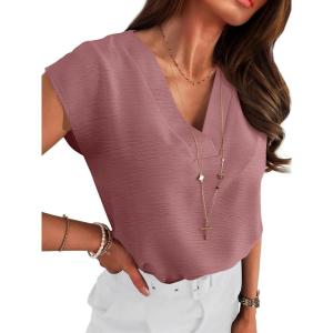 imageANRABESS Women Tops Cap Sleeve Textured Dressy Casual V Neck Shirts 2025 Summer Business Work Blouses OutfitsDusty Rose