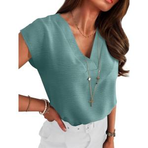 imageANRABESS Women Tops Cap Sleeve Textured Dressy Casual V Neck Shirts 2025 Summer Business Work Blouses OutfitsLake Blue