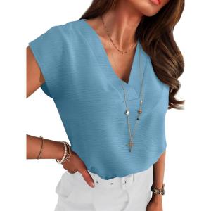 imageANRABESS Women Tops Cap Sleeve Textured Dressy Casual V Neck Shirts 2025 Summer Business Work Blouses OutfitsLight Blue