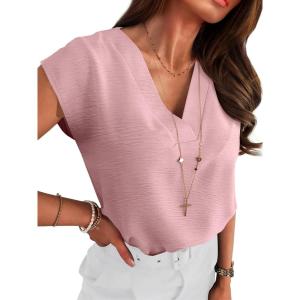 imageANRABESS Women Tops Cap Sleeve Textured Dressy Casual V Neck Shirts 2025 Summer Business Work Blouses OutfitsLight Pink