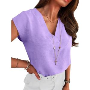 imageANRABESS Women Tops Cap Sleeve Textured Dressy Casual V Neck Shirts 2025 Summer Business Work Blouses OutfitsLight Purple