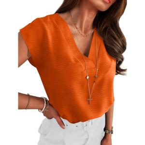 imageANRABESS Women Tops Cap Sleeve Textured Dressy Casual V Neck Shirts 2025 Summer Business Work Blouses OutfitsOrange