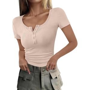 imageANRABESS Womens 2025 Summer Short Sleeve Tops Ribbed Knit Henley Button Up Slim Fit Basic Casual T Shirts Blouse Fall OutfitsBeige
