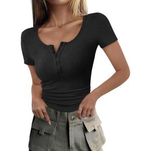 imageANRABESS Womens 2025 Summer Short Sleeve Tops Ribbed Knit Henley Button Up Slim Fit Basic Casual T Shirts Blouse Fall OutfitsBlack
