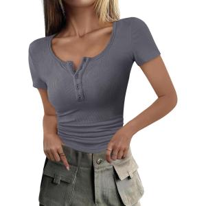 imageANRABESS Womens 2025 Summer Short Sleeve Tops Ribbed Knit Henley Button Up Slim Fit Basic Casual T Shirts Blouse Fall OutfitsBlack Grey