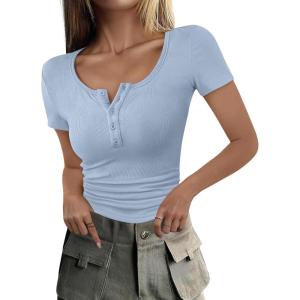 imageANRABESS Womens 2025 Summer Short Sleeve Tops Ribbed Knit Henley Button Up Slim Fit Basic Casual T Shirts Blouse Fall OutfitsBlue