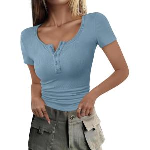 imageANRABESS Womens 2025 Summer Short Sleeve Tops Ribbed Knit Henley Button Up Slim Fit Basic Casual T Shirts Blouse Fall OutfitsDeep Blue