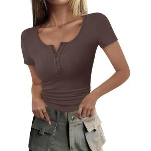 imageANRABESS Womens 2025 Summer Short Sleeve Tops Ribbed Knit Henley Button Up Slim Fit Basic Casual T Shirts Blouse Fall OutfitsDeep Brown