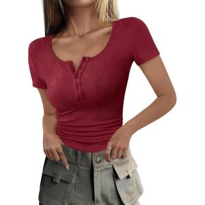 imageANRABESS Womens 2025 Summer Short Sleeve Tops Ribbed Knit Henley Button Up Slim Fit Basic Casual T Shirts Blouse Fall OutfitsDeep Red