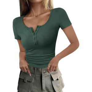 imageANRABESS Womens 2025 Summer Short Sleeve Tops Ribbed Knit Henley Button Up Slim Fit Basic Casual T Shirts Blouse Fall OutfitsForest Green