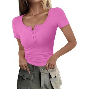 imageANRABESS Womens 2025 Summer Short Sleeve Tops Ribbed Knit Henley Button Up Slim Fit Basic Casual T Shirts Blouse Fall OutfitsHot Pink