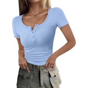 imageANRABESS Womens 2025 Summer Short Sleeve Tops Ribbed Knit Henley Button Up Slim Fit Basic Casual T Shirts Blouse Fall OutfitsLight Blue