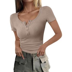 imageANRABESS Womens 2025 Summer Short Sleeve Tops Ribbed Knit Henley Button Up Slim Fit Basic Casual T Shirts Blouse Fall OutfitsLight Khaki