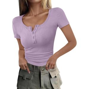 imageANRABESS Womens 2025 Summer Short Sleeve Tops Ribbed Knit Henley Button Up Slim Fit Basic Casual T Shirts Blouse Fall OutfitsPurple