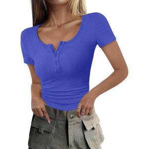 imageANRABESS Womens 2025 Summer Short Sleeve Tops Ribbed Knit Henley Button Up Slim Fit Basic Casual T Shirts Blouse Fall OutfitsRoyal Blue