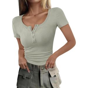 imageANRABESS Womens 2025 Summer Short Sleeve Tops Ribbed Knit Henley Button Up Slim Fit Basic Casual T Shirts Blouse Fall OutfitsSage Green