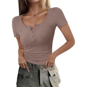 imageANRABESS Womens 2025 Summer Short Sleeve Tops Ribbed Knit Henley Button Up Slim Fit Basic Casual T Shirts Blouse Fall OutfitsTaupe