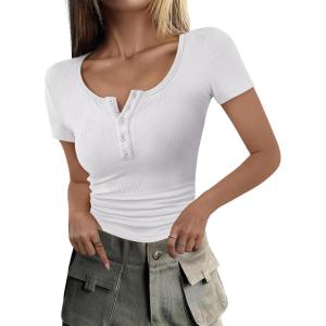 imageANRABESS Womens 2025 Summer Short Sleeve Tops Ribbed Knit Henley Button Up Slim Fit Basic Casual T Shirts Blouse Fall OutfitsWhite