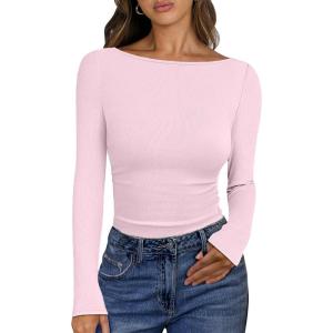 imageANRABESS Womens Boat Neck Long Sleeve Shirts Rib Knit Slim Fitting Tops Basic Tees 2025 Casual Comfy Fall Outfits ClothesBright Pink