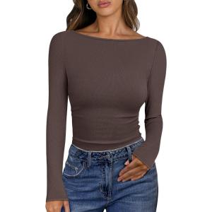 imageANRABESS Womens Boat Neck Long Sleeve Shirts Rib Knit Slim Fitting Tops Basic Tees 2025 Casual Comfy Fall Outfits ClothesBrownbeige