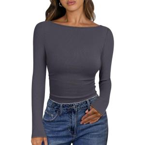imageANRABESS Womens Boat Neck Long Sleeve Shirts Rib Knit Slim Fitting Tops Basic Tees 2025 Casual Comfy Fall Outfits ClothesDeep Grey