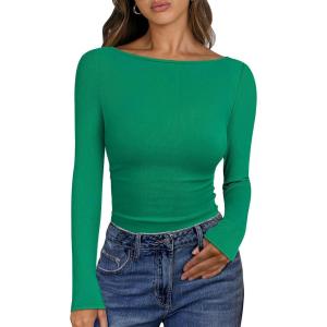 imageANRABESS Womens Boat Neck Long Sleeve Shirts Rib Knit Slim Fitting Tops Basic Tees 2025 Casual Comfy Fall Outfits ClothesGreen
